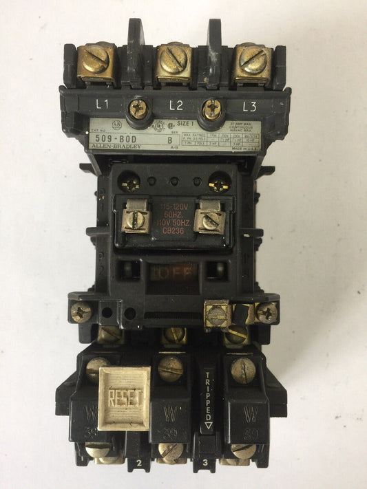 ALLEN BRADLEY 509-B0D SIZE 1 STARTER 600VAC 27AMP 10HP W39 HEATERS 120V COIL