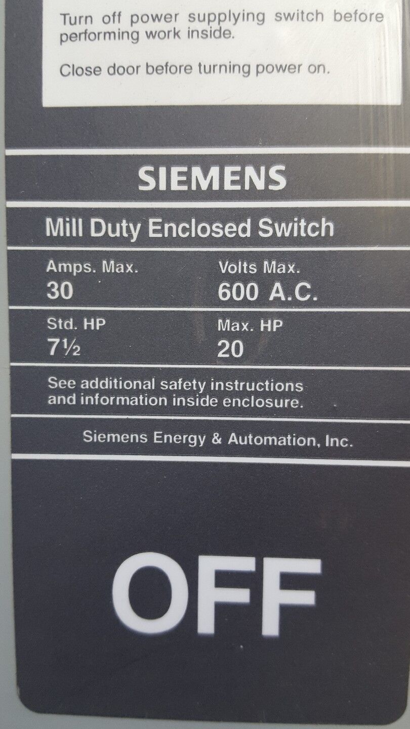 Siemens F351M Enclosed Switch - New No Box 30a 600v Enclosure 3,3R, 12