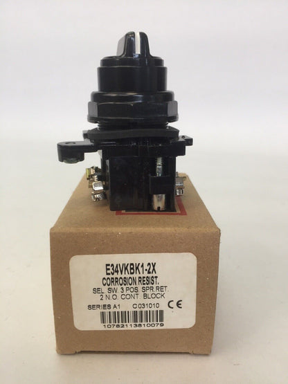 CUTLER HAMMER E34VKBK1-2X SELECTOR SWITCH 3 POS SPR RET 2 N.O. CONT BLOCK SER A1