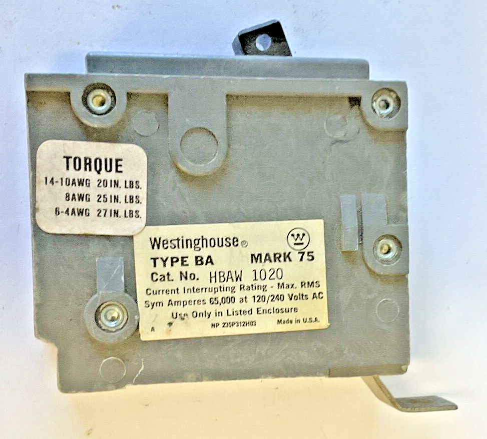 WESTINGHOUSE HBAW 1020 CIRCUIT BREAKER 1POLE 20A 120/240VAC HBAW1020