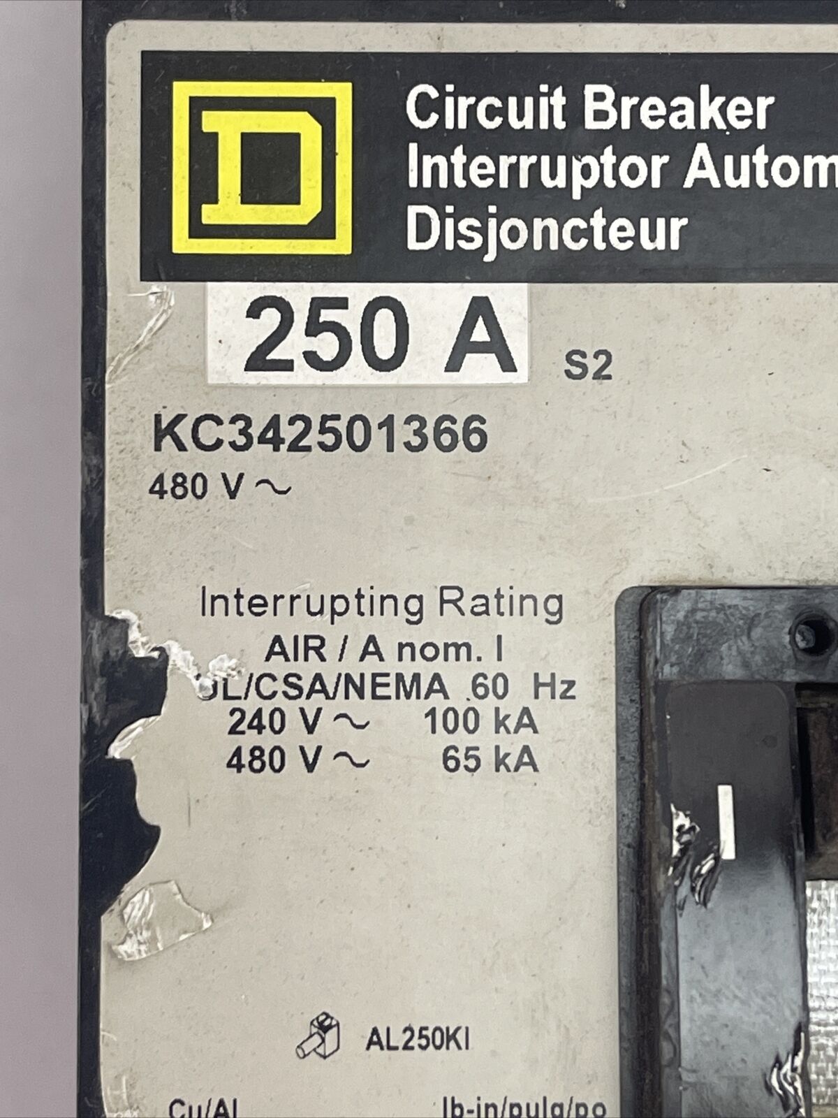 SQUARE D KC342501366 CIRCUIT BREAKER 250AMP 480VAC 3POLE