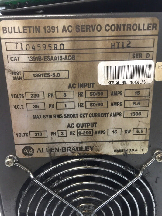 ALLEN BRADLEY 1391B-ESAA15-AQB AC SERVO CONTROLLER INPUT 230V 15A OUTPUT 210 V