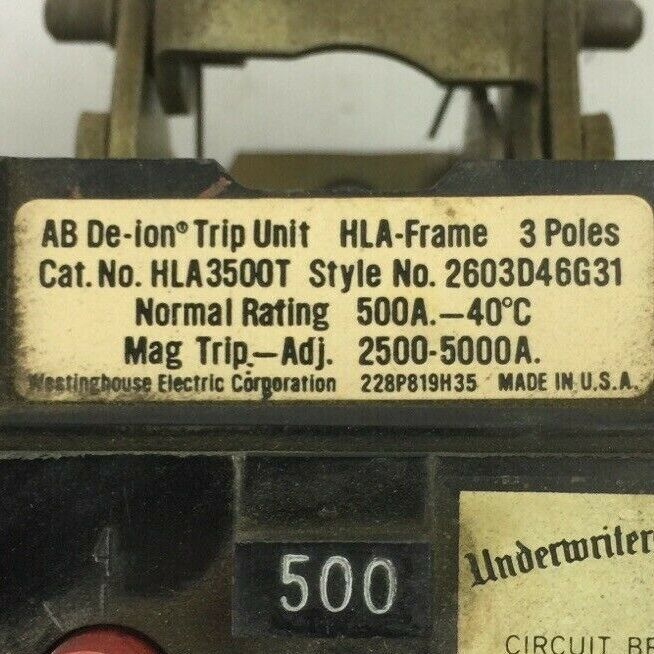 WESTINGHOUSE HLA3500T TRIP UNIT 500AMP 3POLE MAG TRIP ADJ 2500-5000A 2603D46G31