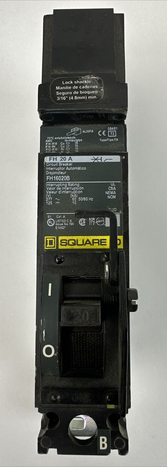 SQUARE D FH16020B CIRCUIT BREAKER 20AMP 277VAC 125VDC 1POLE