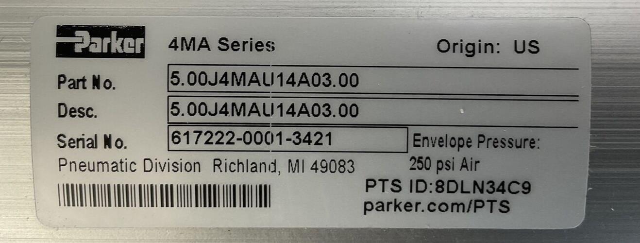 PARKER 5.00J4MAU14A03.00 PNEUMATIC CYLINDER 4MA SERIES 250 PSI AIR
