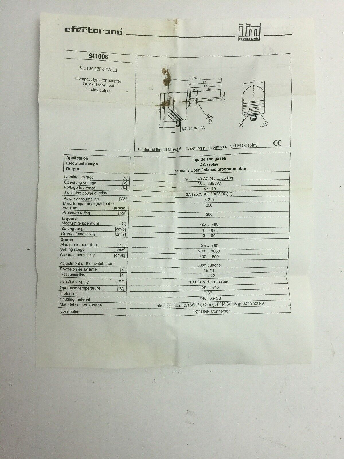IFM EFECTOR SI8513 FLOW SENSOR KIT 240VAC W/ SI1006 E18247 E40107