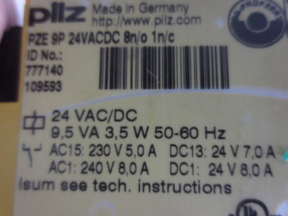 PILZ PZE 9P 777140  SAFETY RELAY - 24VAC/DC 8 n/o, 1 n/c - 9.5VA, 3.5W, 50-60Hz