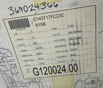 LEESON G120024.00 MOTOR C143T17FC23C 1745RPM 60HZ 1HP 460V FR143TC