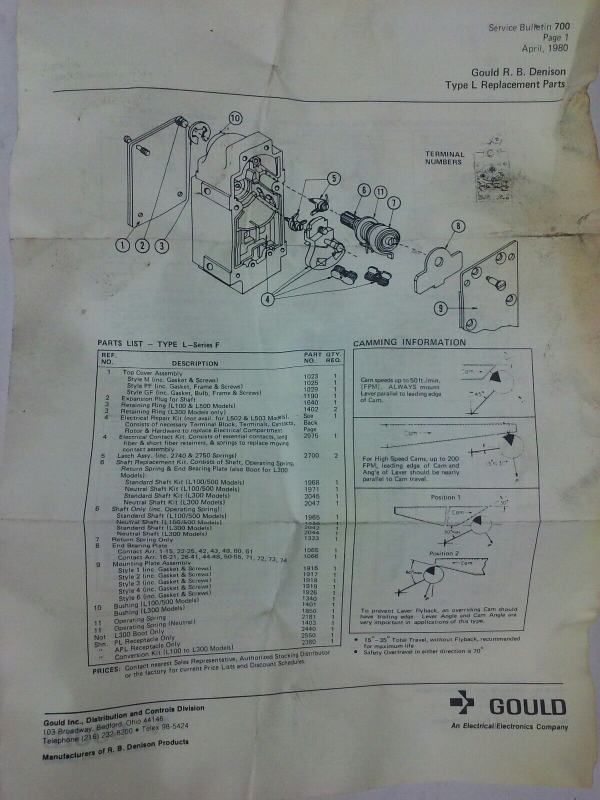GOULD R.B.DENISON PL100WS2M1 SER. F LIMIT SWITCH, NEMA A600, 600V, 60A, TYPE L