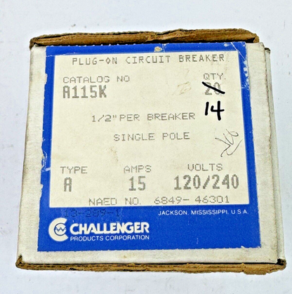CHALLENGER *BOX OF 14* - A115K - CIRCUIT BREAKERS - 1 POLE/15 A/240 VAC