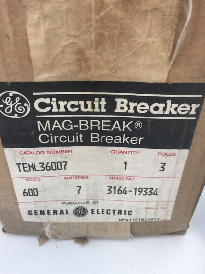 GE TEML36007 MAG-BREAK CIRCUIT BREAKER 7AMP 600VAC 3 POLE INSTANTANEOUS TRIP