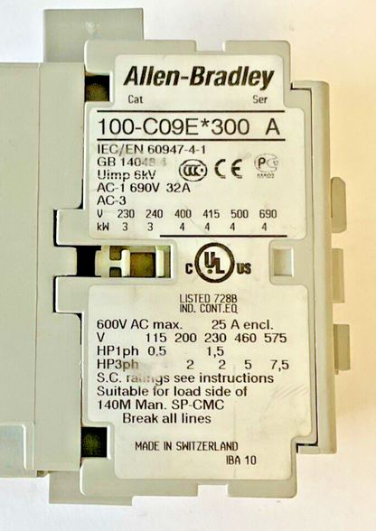 ALLEN BRADLEY 100-C09*300 CONTACTOR SER.A  600VAC 25A