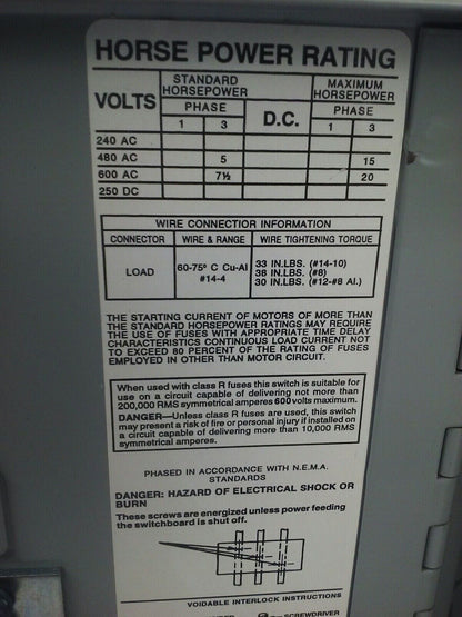SIEMENS V7E3611R SER.A TWIN FUSIBLE VACU BREAK PANELBOARD SWITCH 600V 30A 20HP