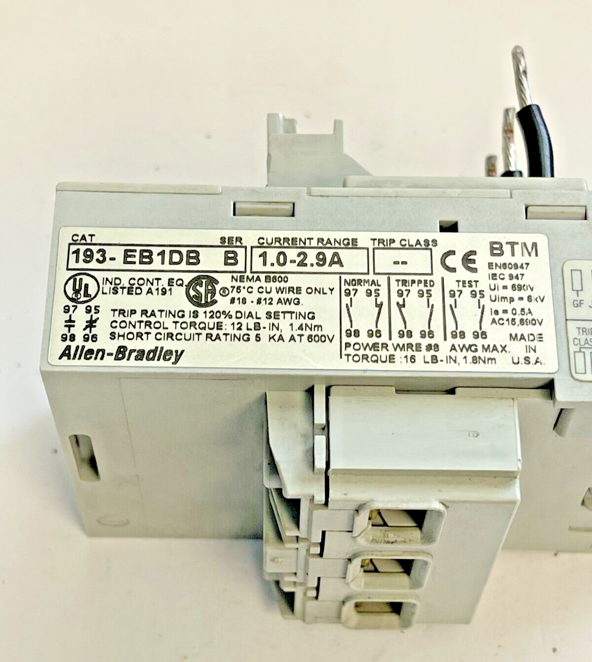 ALLEN BRADLEY - EB1DB SER. B - 1.0-2.9 A OVERLOAD RELAY