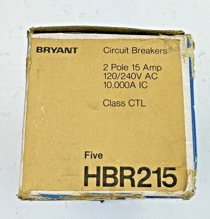 BRYANT *BOX OF 5* - HBR215 - COMMON TRIP CIRCUIT BREAKERS - 2 POLE/15 A/240 VAC