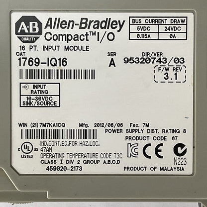 ALLEN BRADLEY 1769-IQ16 SER A F/W REV 3.1 DIR/VER 95320743/03 16PT INPUT MODULE