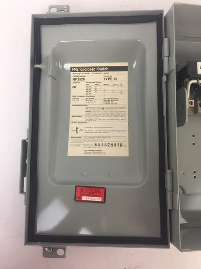 I-T-E SIEMENS NF252H HEAVY DUTY ENCLOSED SWITCH 60A 600VAC 2 POLE NON-FUSIBLE