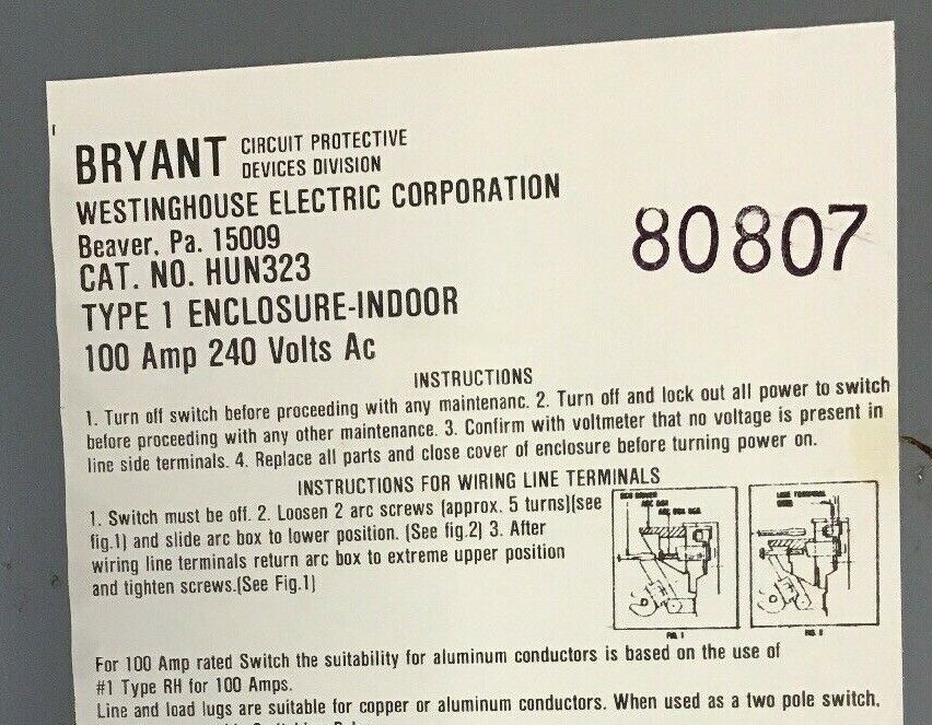 WESTINGHOUSE HUN323 SAFETY SWITCH 100A 240VAC TYPE1 ENCLOSURE-INDOOR