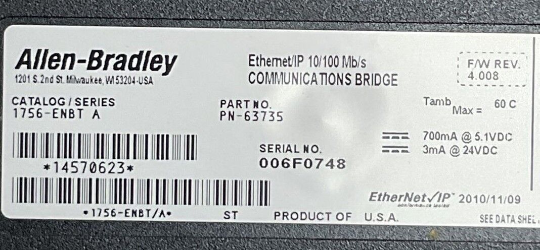 ALLEN BRADLEY 1756-ENBT F/W REV 4.008 ETHERNET/IP 10/100 Mb/s COMMUNICATIONS