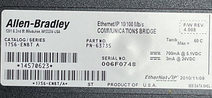 ALLEN BRADLEY 1756-ENBT F/W REV 4.008 ETHERNET/IP 10/100 Mb/s COMMUNICATIONS