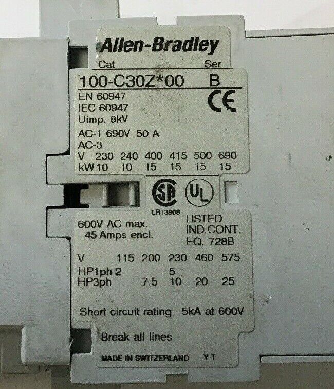 ALLEN BRADLEY 100-C30Z*00  Ser. B CONTACTOR w/ 100-S AUX. CONTACTOR Ser. B