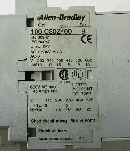 ALLEN BRADLEY 100-C30Z*00  Ser. B CONTACTOR w/ 100-S AUX. CONTACTOR Ser. B