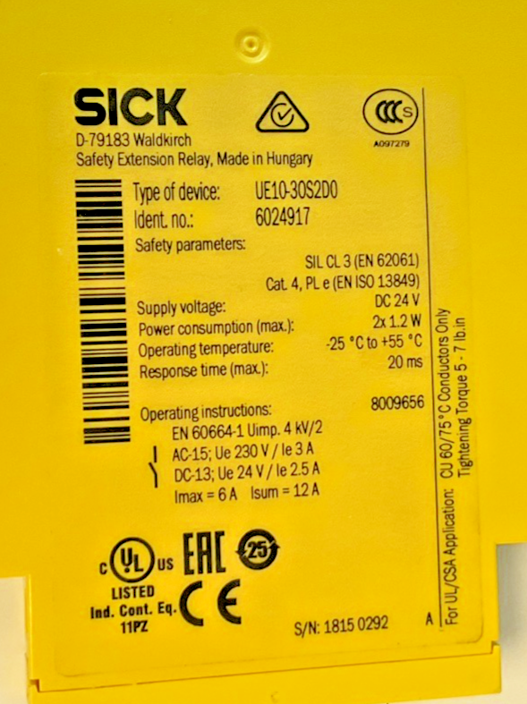 SICK UE10-30S2D0 SAFETY EXTENSION RELAY 24VDC 1.2W