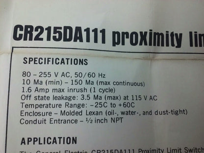 GENERAL ELECTRIC, CR215DA211, PROXIMITY LIMIT SWITCH, 115V 50/60HZ, CR215D, NEW
