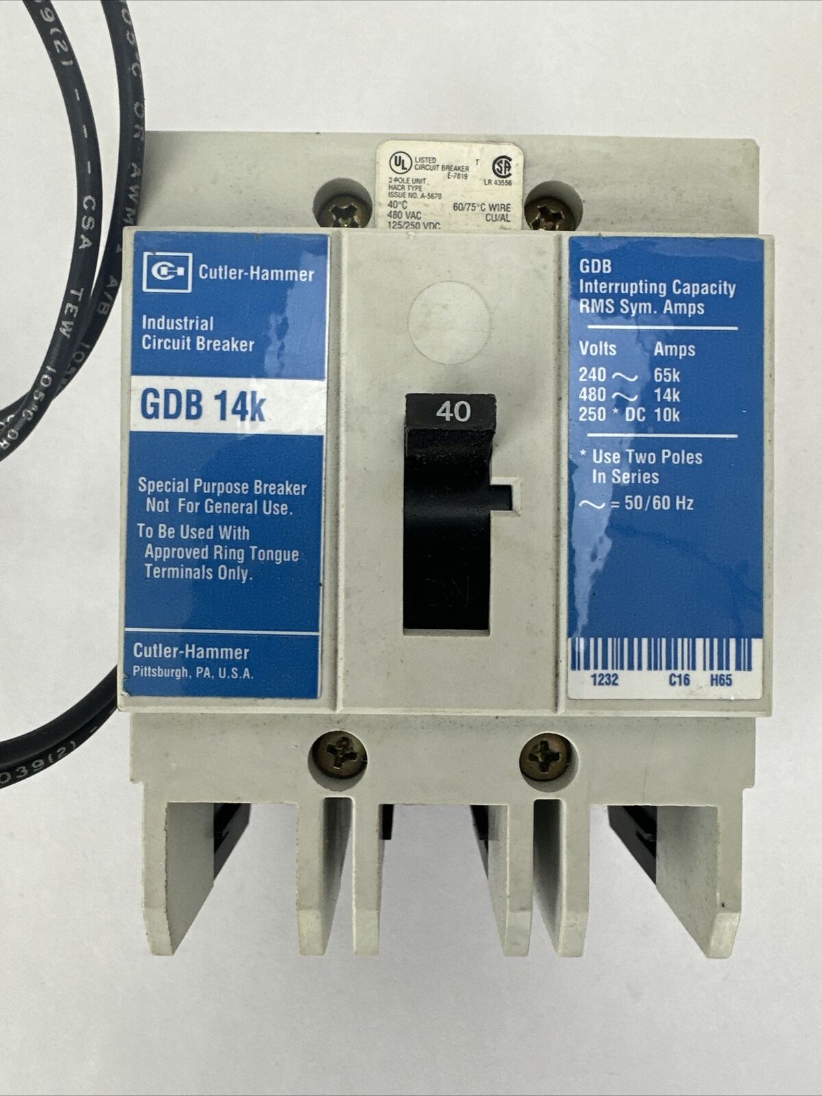 CUTLER HAMMER GDB3040 CIRCUIT BREAKER 480VAC 250VDC 3P 40A GDB 14K 1373D62G01