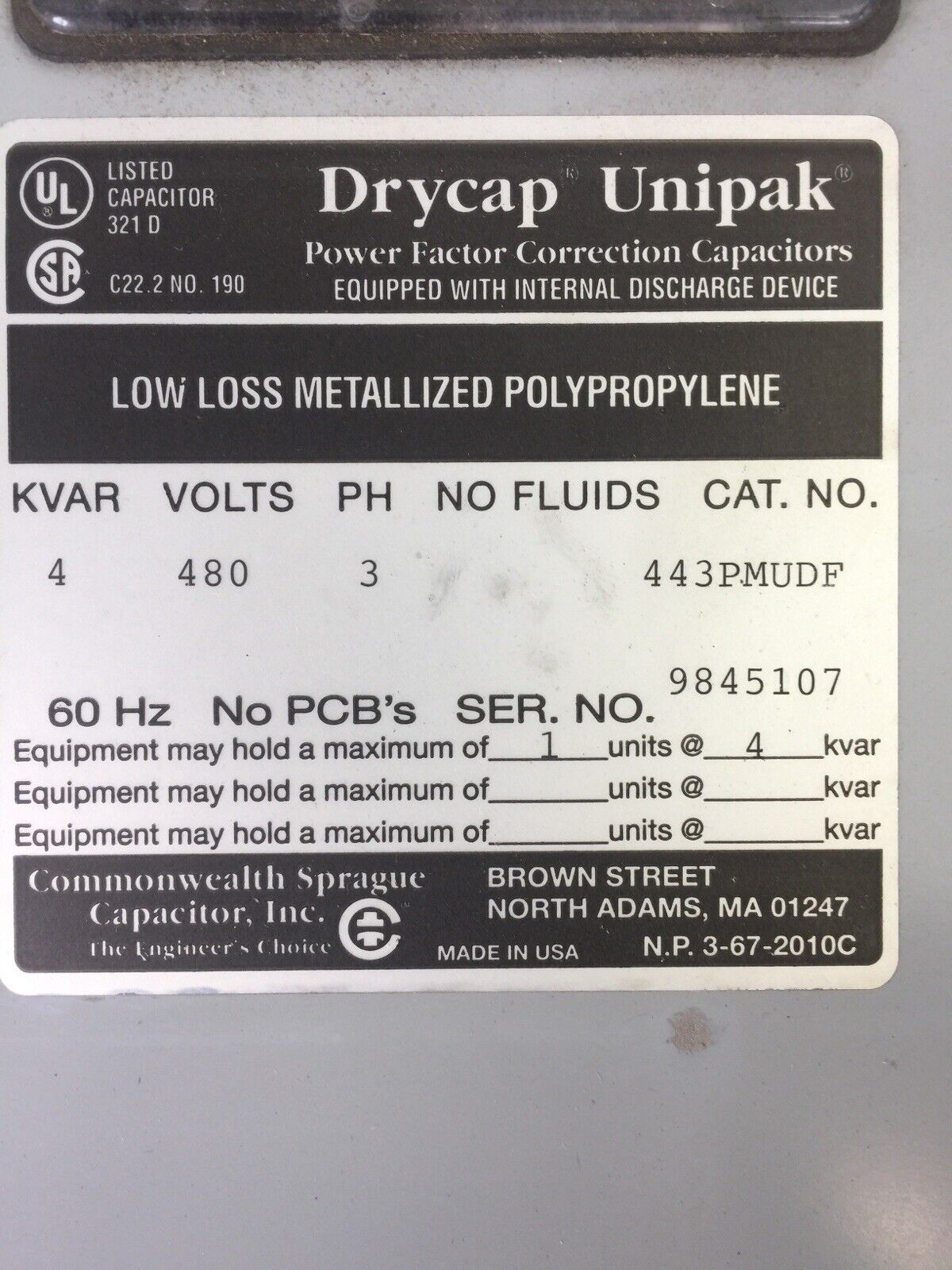 COMMONWEALTH SPRAGUE CAPACITOR 443PMUDF DRYCAP UNIPAK POWER 3PH 480V 4KVAR