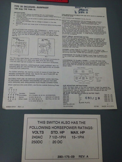 CHALLENGER RHD323SNC FUSIBLE SAFETY SWITCH 3PH 100A 240V 30HP TYPE 3R RAINPROOF