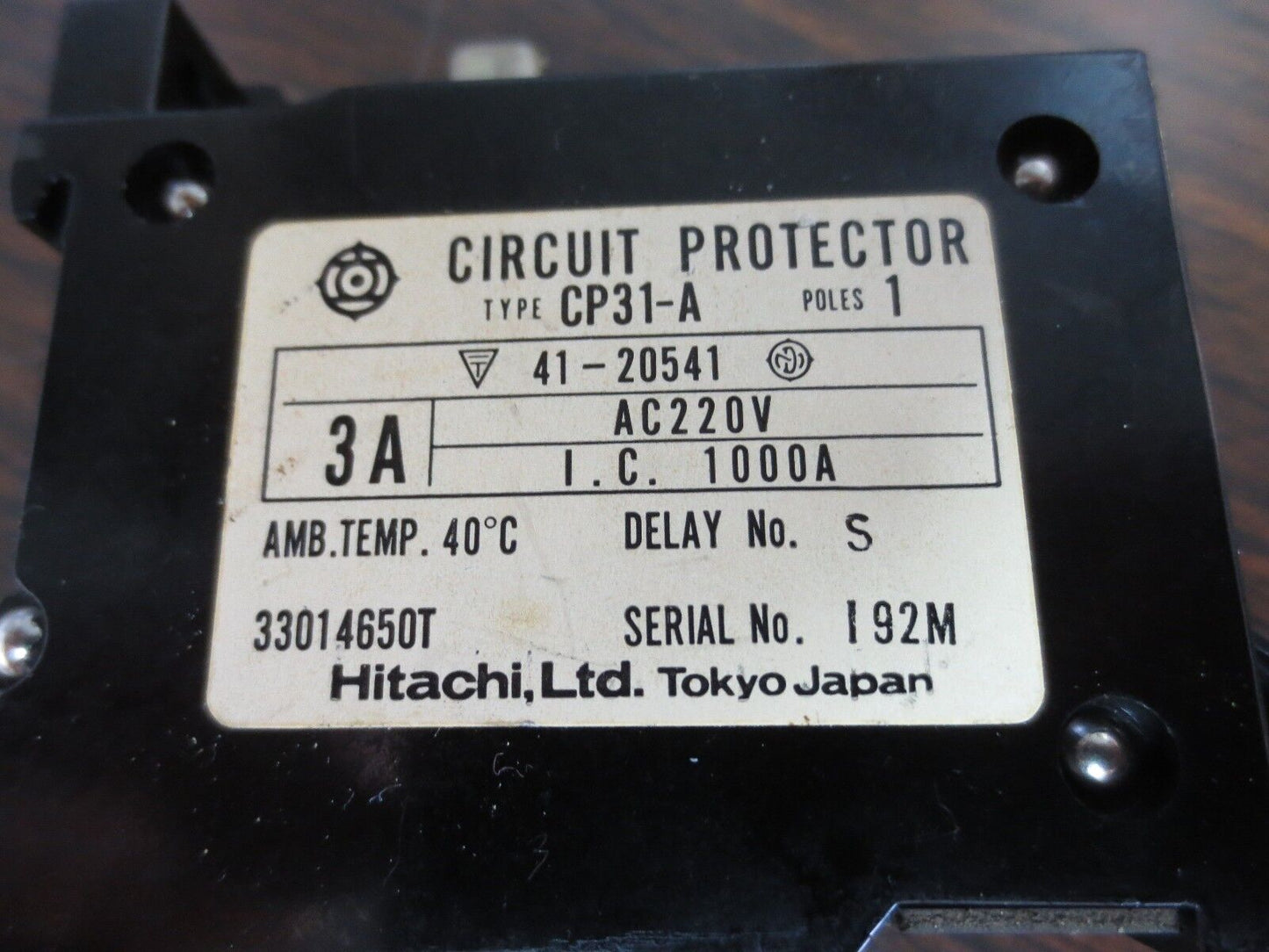 HITACHI CP31-A CIRCUIT PROTECTOR 3A 220VAC 1-POLE DELAY No. S