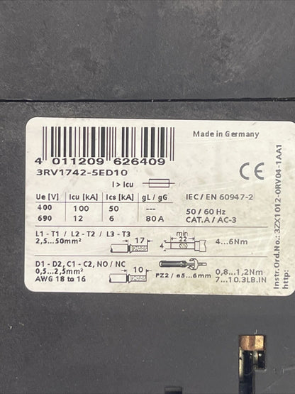 SIEMENS 3RV1742-5ED10 CIRCUIT BREAKER 30A 3P 600V 600Y/347V 20kA 480Y/277V 35kA