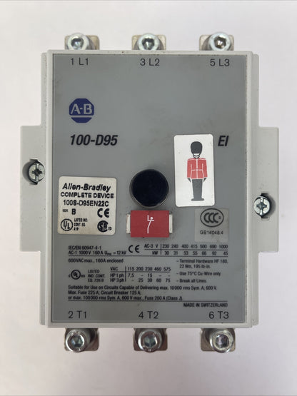 ALLEN BRADLEY 100S-D95EN22C CONTACTOR 600VAC 160A 75HP SER B 100S-D SER A