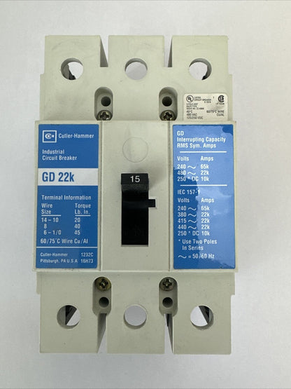 CUTLER HAMMER GD3015 CIRCUIT BREAKER 15AMP 480VAC 250VDC 3POLE GD 22K