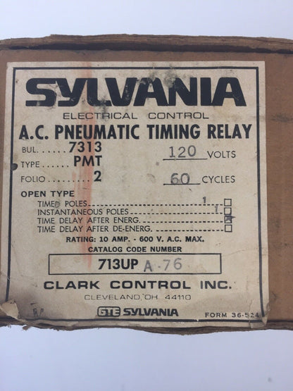 SYLVANIA 713UPA76 A.C. PNEUMATIC TIMING RELAY 10A 600VAC COIL 110-120V 60HZ