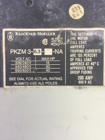 KLOCKNER MOELLER PKZM 3-6,3-U-NA 600VAC 40HP MANUAL MOTOR STARTER 3.5-6.0A