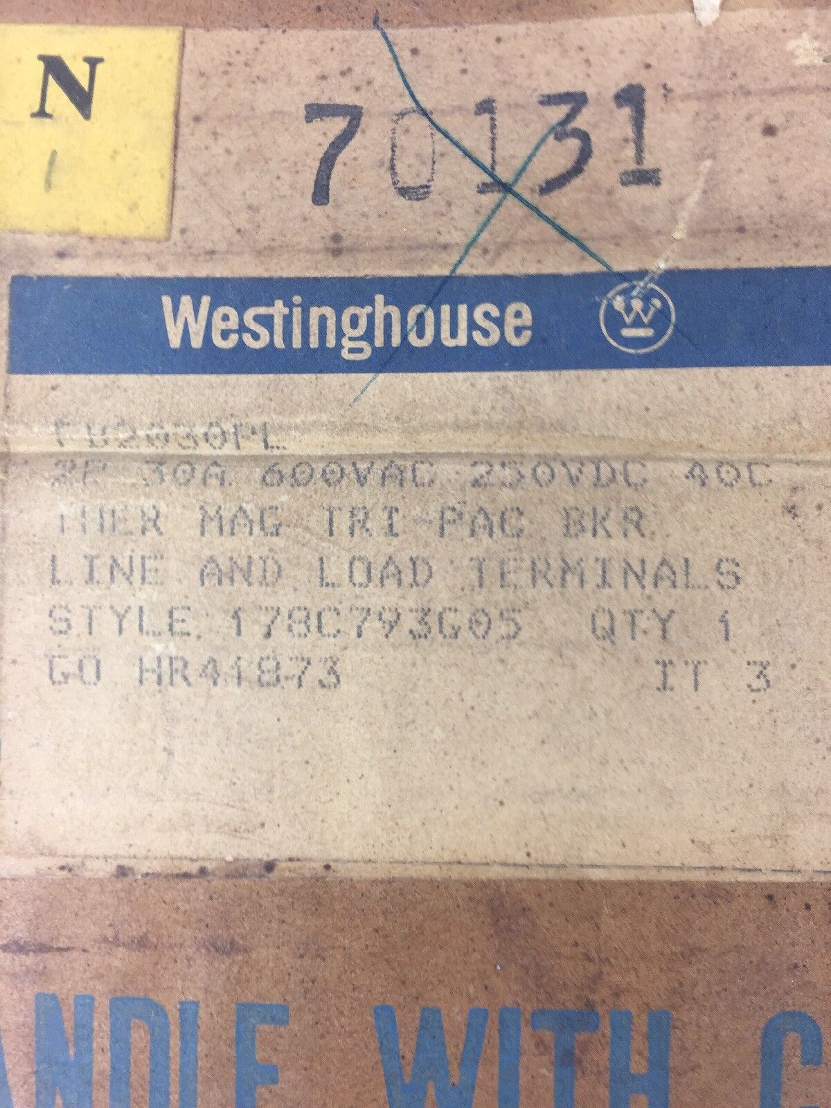 WESTINGHOUSE FB2030PL THER MAG TRI PAC BKR 2P 30A 600 VAC 250 VDC 40C