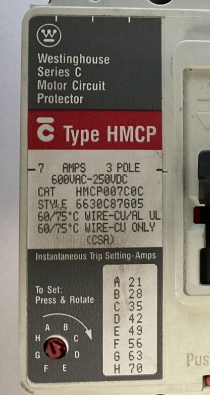 CUTLER HAMMER HMCP007C0C CIRCUIT BREAKER 7A 3POLE 600VAC-250VDC