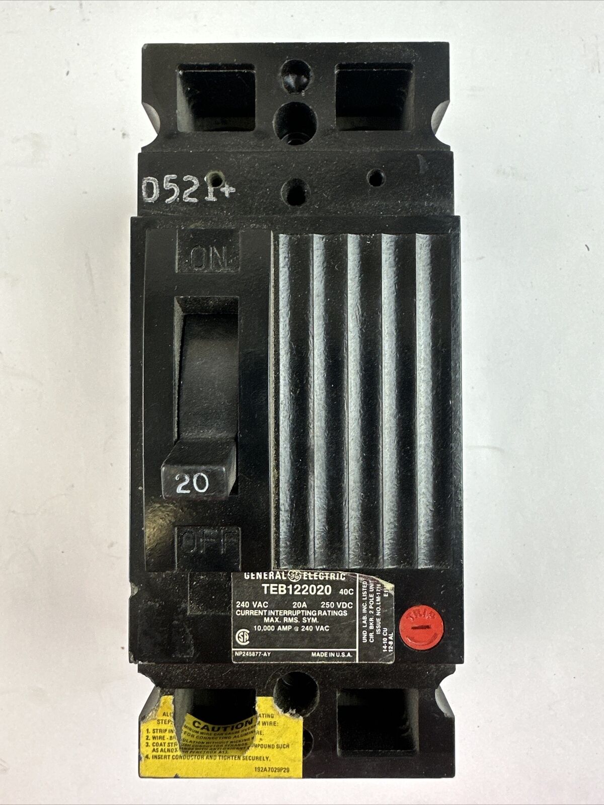 GE TEB122020 CIRCUIT BREAKER 250VDC 240VAC 20A 2POLE