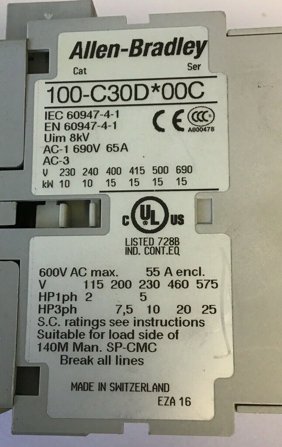 ALLEN BRADLEY 100S-C30DJ14C SAFETY RELAY SER.C 690V 65A