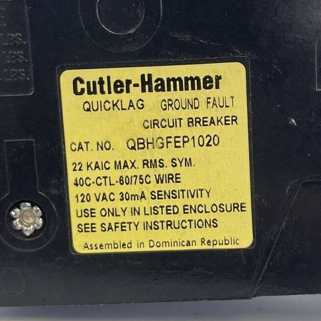 CUTLER HAMMER QBHGFEP1020 QUICKLAG GROUND FAULT CIRCUIT BREAKER 20A 1P 120VAC