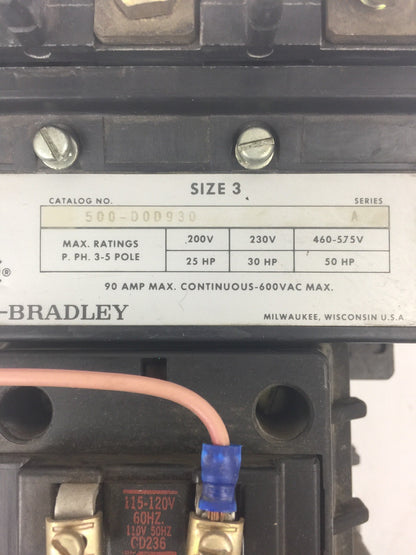 ALLEN BRADELY 500-DOD930 STARTER SIZE 3 600VAC 90A CD236 115-120V 60HZ 110V 50HZ