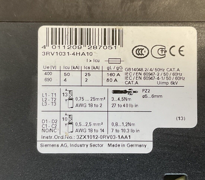 SIEMENS 3RV1031-4HA10 MOTOR STARTER 50/60HZ 600V 40-45A 6KV