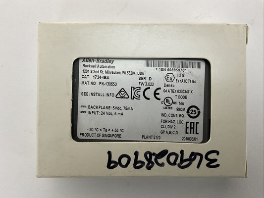 ALLEN BRADLEY 1734-IB4 INPUT MODULE SER D INPUT 24VDC 5mA BACKPLANE 5VDC 75mA