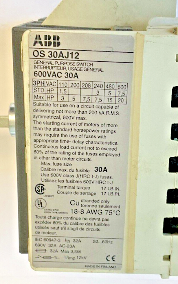 ABB OS 30AJ12 GENERAL PURPOSE SWITCH 600VAC 30A W/ LPJ-30SP FUSE(3)