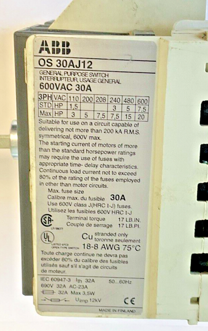 ABB OS 30AJ12 GENERAL PURPOSE SWITCH 600VAC 30A W/ LPJ-30SP FUSE(3)
