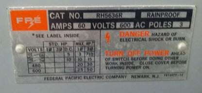 FPE RH5636R SAFETY SWITCH 3P, 60A, 600VAC, 3 WIRE, 3 BLADES, 50HP RAINPROOF