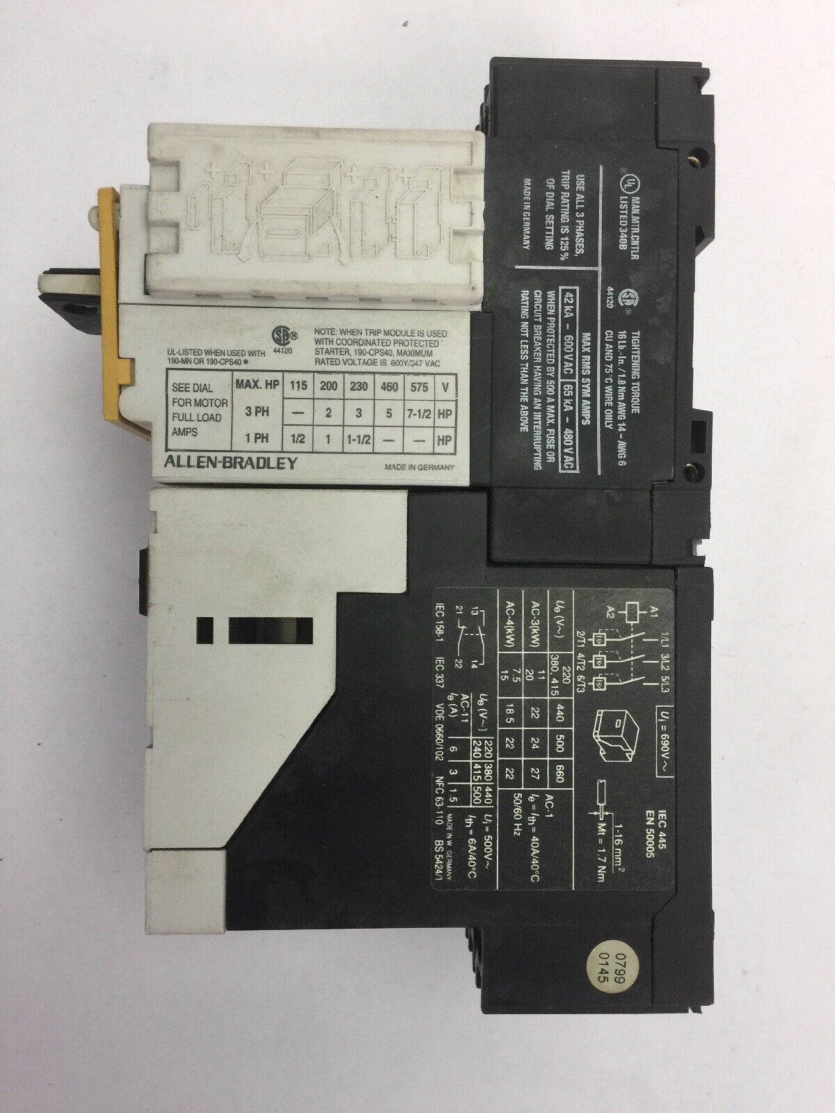 ALLEN BRADLEY MOTOR STARTER 190-P100 SER A 190-MN SER A 190-A40 SER B COIL 120V