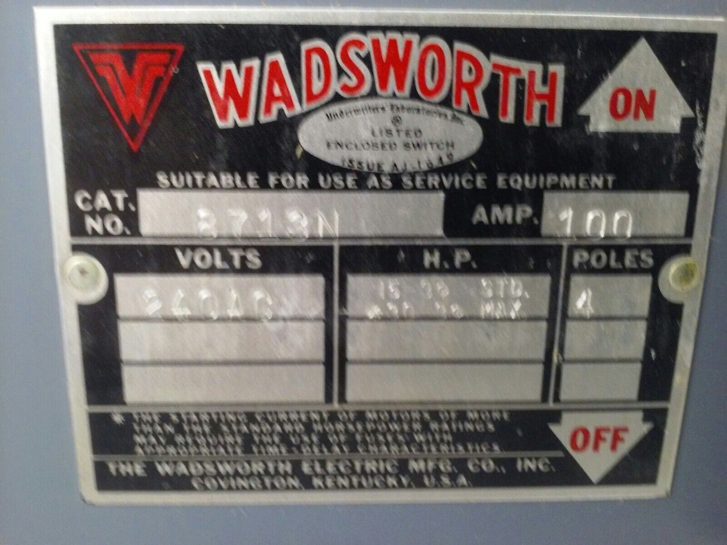 WADSWORTH 8713N FUSIBLE SAFETY SWITCH 3PH 4 WIRE 240VAC 100A 15HP